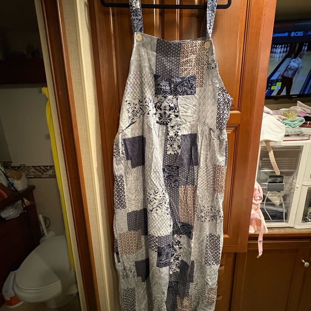 Patchwork Print Overalls in Blue and Cream